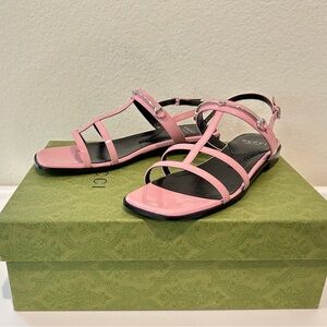 Gucci Divine Cage Horsebit Flat Sandals in Dolly Pink, Size 38, New in Box